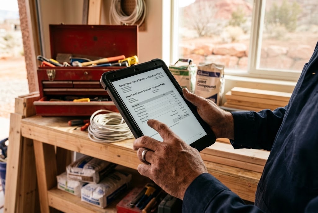 Local contractor reviewing a project estimate on a tablet at a job site