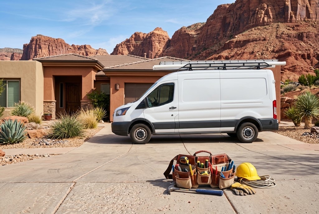 Local contractor's van and tools parked outside a Southern Utah home, ready for a job