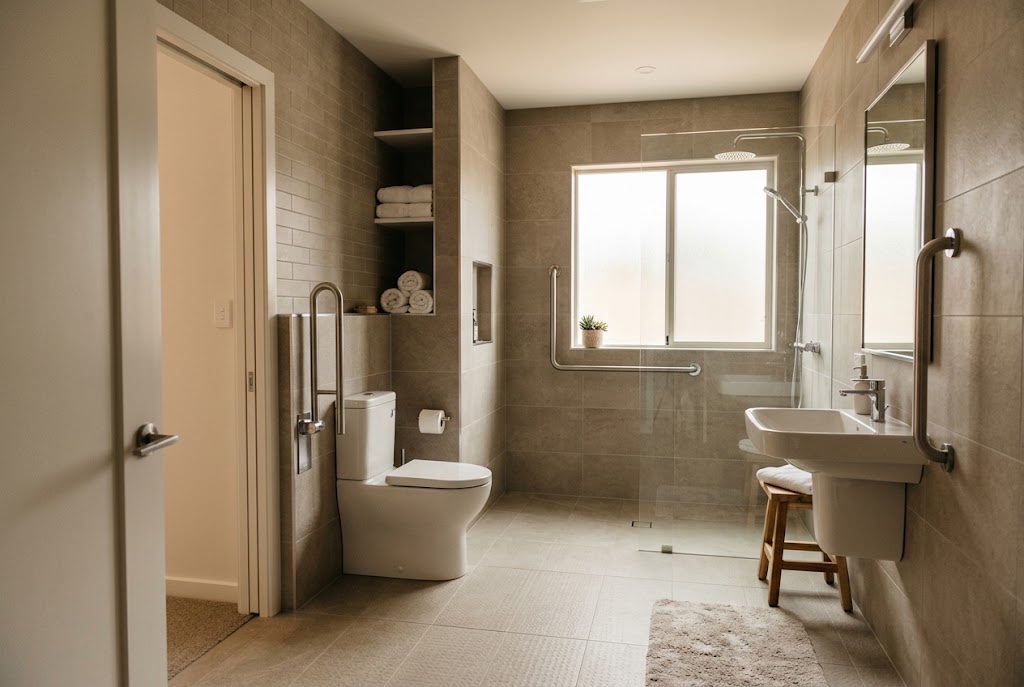 Fully remodeled accessible bathroom with grab bars, roll-in shower, and curbless entry
