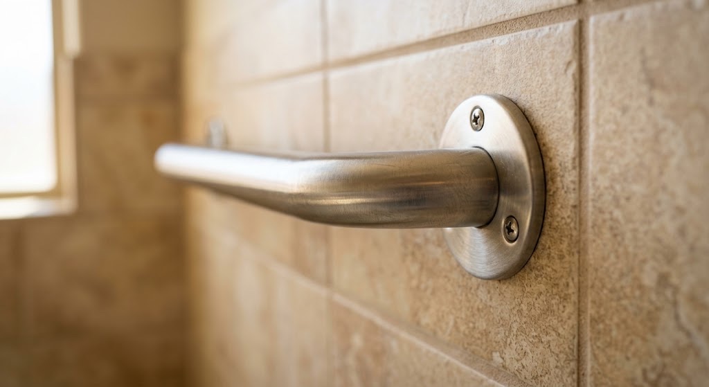 Close-up of a brushed stainless steel grab bar professionally installed on a bathroom wall