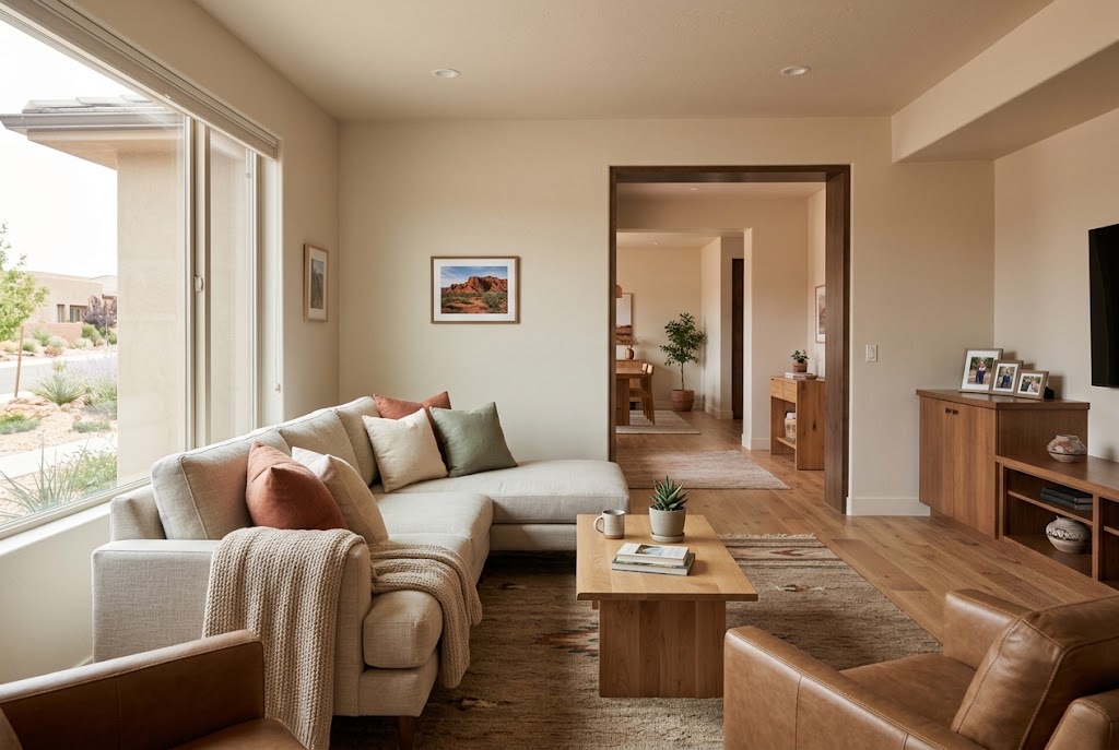 Warm, comfortable living room in a Southern Utah home with red rock views through the window