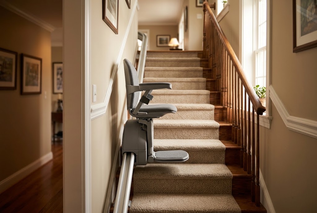 Stairlift installed along a carpeted staircase for safe access between floors