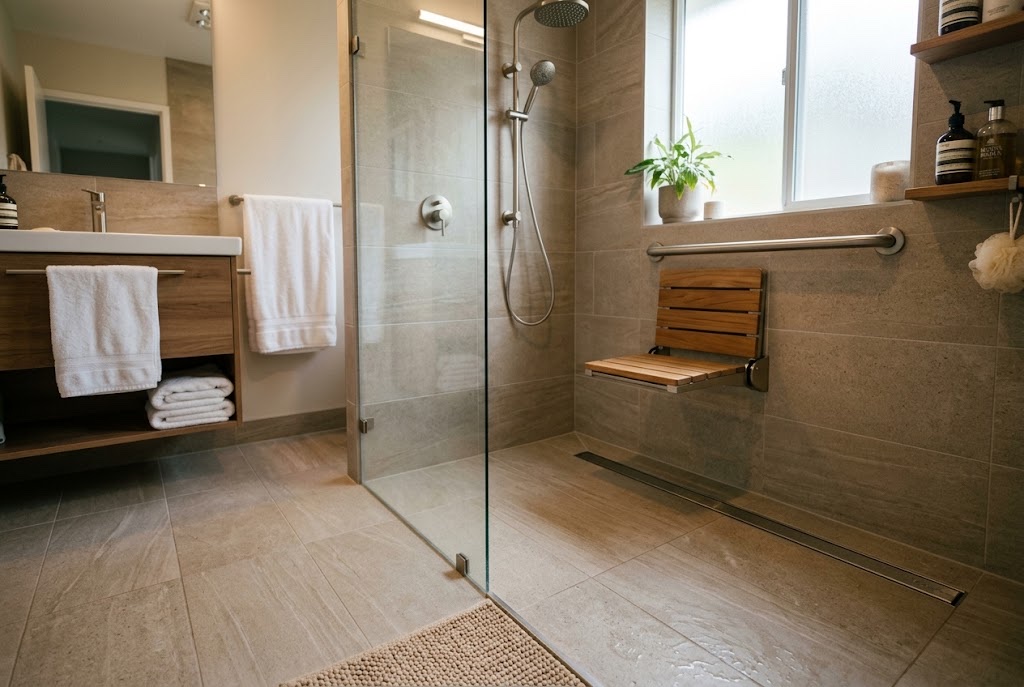 Curbless walk-in shower with a grab bar, fold-down teak bench, and glass door built for aging-in-place accessibility