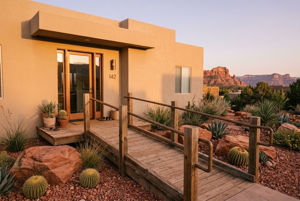 Wooden wheelchair ramp with handrails leading up to the front entrance of a Southern Utah home