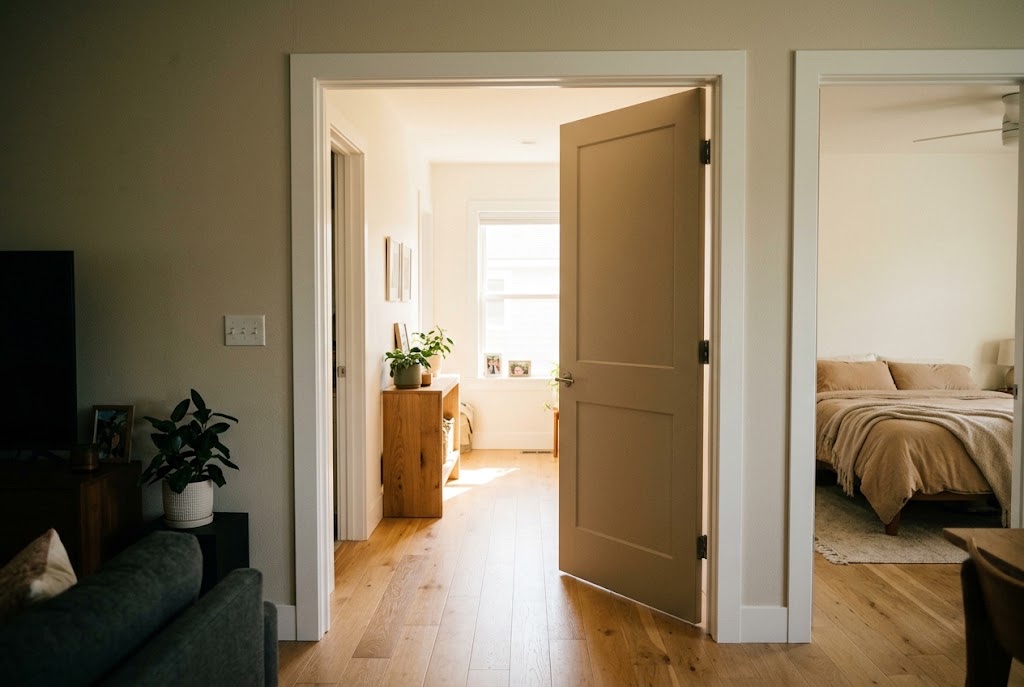 Wide, barrier-free interior doorway providing easy wheelchair and walker access between rooms